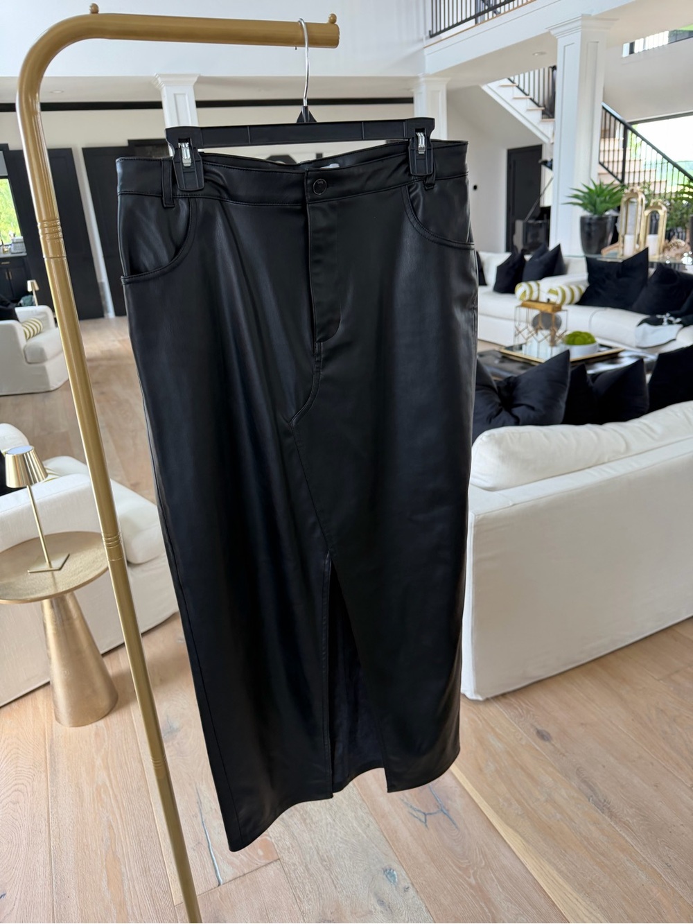Zara Black Faux Leather Midi Skirt with Front Slit